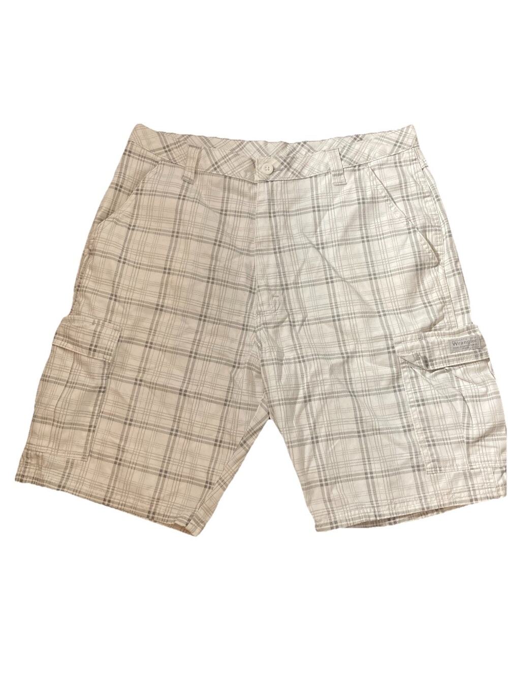 Wrangler Plaid Cargo Shorts Mens Sz 36 White Gray Utility Casual Outdoor Preppy